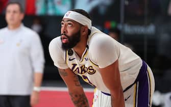 ORLANDO, FL - SEPTEMBER 22: Anthony Davis #3 of the Los Angeles Lakers looks on during the game against the Denver Nuggets during Game Three of the Western Conference Finals on September 22, 2020 in Orlando, Florida at AdventHealth Arena. NOTE TO USER: User expressly acknowledges and agrees that, by downloading and/or using this Photograph, user is consenting to the terms and conditions of the Getty Images License Agreement. Mandatory Copyright Notice: Copyright 2020 NBAE (Photo by Nathaniel S. Butler/NBAE via Getty Images)