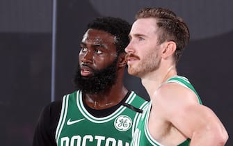 ORLANDO, FL - SEPTEMBER 23: Jaylen Brown #7 of the Boston Celtics and Gordon Hayward #20 of the Boston Celtics look on during the game against the Miami Heat during Game Four of the Eastern Conference Finals of the NBA Playoffs on September 23, 2020 at The AdventHealth Arena at ESPN Wide World Of Sports Complex in Orlando, Florida. NOTE TO USER: User expressly acknowledges and agrees that, by downloading and/or using this Photograph, user is consenting to the terms and conditions of the Getty Images License Agreement. Mandatory Copyright Notice: Copyright 2020 NBAE (Photo by Nathaniel S. Butler/NBAE via Getty Images)