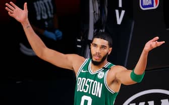 LAKE BUENA VISTA, FLORIDA - SEPTEMBER 23: Jayson Tatum #0 of the Boston Celtics reacts during the fourth quarter against the Miami Heat in Game Four of the Eastern Conference Finals during the 2020 NBA Playoffs at AdventHealth Arena at the ESPN Wide World Of Sports Complex on September 23, 2020 in Lake Buena Vista, Florida. NOTE TO USER: User expressly acknowledges and agrees that, by downloading and or using this photograph, User is consenting to the terms and conditions of the Getty Images License Agreement.  (Photo by Kevin C. Cox/Getty Images)