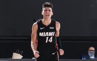 ORLANDO, FL - SEPTEMBER 23: Tyler Herro #14 of the Miami Heat reacts to a play during the game against the Boston Celtics during Game Four of the Eastern Conference Finals of the NBA Playoffs on September 23, 2020 at The AdventHealth Arena at ESPN Wide World Of Sports Complex in Orlando, Florida. NOTE TO USER: User expressly acknowledges and agrees that, by downloading and/or using this Photograph, user is consenting to the terms and conditions of the Getty Images License Agreement. Mandatory Copyright Notice: Copyright 2020 NBAE (Photo by Nathaniel S. Butler/NBAE via Getty Images)