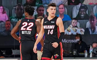 ORLANDO, FL - SEPTEMBER 23: Tyler Herro #14 of the Miami Heat reacts during a game against the Boston Celtics during Game Four of the Eastern Conference Finals of the NBA Playoffs on September 23, 2020 at the AdventHealth Arena at ESPN Wide World Of Sports Complex in Orlando, Florida. NOTE TO USER: User expressly acknowledges and agrees that, by downloading and/or using this Photograph, user is consenting to the terms and conditions of the Getty Images License Agreement. Mandatory Copyright Notice: Copyright 2020 NBAE (Photo by Jesse D. Garrabrant/NBAE via Getty Images)