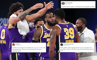 ORLANDO, FL - SEPTEMBER 26: The Los Angeles Lakers reacts to winning the Western Conference Finals of the NBA Playoffs on September 26, 2020 at AdventHealth Arena in Orlando, Florida. NOTE TO USER: User expressly acknowledges and agrees that, by downloading and/or using this Photograph, user is consenting to the terms and conditions of the Getty Images License Agreement. Mandatory Copyright Notice: Copyright 2020 NBAE (Photo by Nathaniel S. Butler/NBAE via Getty Images)