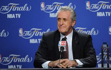 MIAMI, FL - JUNE 19: Pat Riley, President of the Miami Heat addresses the media after being announced the Chuck Daly Lifetime Achievement Award prior to Game Four of the 2012 NBA Finals at American Airlines Arena on June 19, 2012 in Miami, Florida. NOTE TO USER: User expressly acknowledges and agrees that, by downloading and or using this Photograph, user is consenting to the terms and conditions of the Getty Images License Agreement. Mandatory Copyright Notice: Copyright 2012 NBAE (Photo by Garrett Ellwood/NBAE via Getty Images)