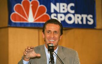 (Original Caption) New York: Pat Riley who coached the Los Angeles Lakers to four championships talks to press after he was named host for NBC during its NBC coverage next season.