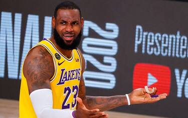 LAKE BUENA VISTA, FLORIDA - SEPTEMBER 30: LeBron James #23 of the Los Angeles Lakers reacts during the third quarter against the Miami Heat in Game One of the 2020 NBA Finals  at AdventHealth Arena at the ESPN Wide World Of Sports Complex on September 30, 2020 in Lake Buena Vista, Florida. NOTE TO USER: User expressly acknowledges and agrees that, by downloading and or using this photograph, User is consenting to the terms and conditions of the Getty Images License Agreement.  (Photo by Kevin C. Cox/Getty Images)