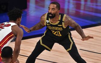 ORLANDO, FL - OCTOBER 02: JR Smith #21 of the Los Angeles Lakers plays defense against the Miami Heat during Game Two of the NBA Finals on October 2, 2020 in Orlando, Florida at AdventHealth Arena. NOTE TO USER: User expressly acknowledges and agrees that, by downloading and/or using this Photograph, user is consenting to the terms and conditions of the Getty Images License Agreement. Mandatory Copyright Notice: Copyright 2020 NBAE (Photo by David Dow/NBAE via Getty Images)