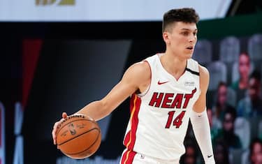 ORLANDO, FL - SEPTEMBER 17: Tyler Herro #14 of the Miami Heat handles the ball against the Boston Celtics during Game Two of the Eastern Conference Finals of the NBA Playoffs on September 17, 2020 at the AdventHealth Arena at ESPN Wide World Of Sports Complex in Orlando, Florida. NOTE TO USER: User expressly acknowledges and agrees that, by downloading and/or using this Photograph, user is consenting to the terms and conditions of the Getty Images License Agreement. Mandatory Copyright Notice: Copyright 2020 NBAE (Photo by Jesse D. Garrabrant/NBAE via Getty Images)