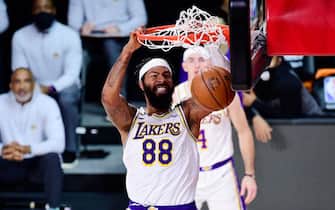LAKE BUENA VISTA, FLORIDA - OCTOBER 04: Markieff Morris #88 of the Los Angeles Lakers dunks the ball during the first half against the Miami Heat in Game Three of the 2020 NBA Finals at AdventHealth Arena at ESPN Wide World Of Sports Complex on October 04, 2020 in Lake Buena Vista, Florida. NOTE TO USER: User expressly acknowledges and agrees that, by downloading and or using this photograph, User is consenting to the terms and conditions of the Getty Images License Agreement. (Photo by Douglas P. DeFelice/Getty Images)