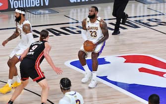 ORLANDO, FL - OCTOBER 4: LeBron James #23 of the Los Angeles Lakers pulls up to shoot a jump shot during Game Three of the NBA Finals on October 4, 2020 in Orlando, Florida at AdventHealth Arena. NOTE TO USER: User expressly acknowledges and agrees that, by downloading and/or using this Photograph, user is consenting to the terms and conditions of the Getty Images License Agreement. Mandatory Copyright Notice: Copyright 2020 NBAE (Photo by Fernando Medina/NBAE via Getty Images)