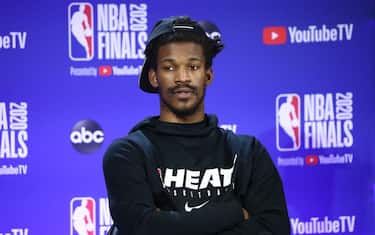 LAKE BUENA VISTA, FL - OCTOBER 5: Jimmy Butler of the Miami Heat speaks to the media during practice and media availability as part of the 2020 NBA Finals on October 5, 2020 at AdventHealth Arena at ESPN Wide World of Sports Complex in Lake Buena Vista, Florida. NOTE TO USER: User expressly acknowledges and agrees that, by downloading and or using this photograph, user is consenting to the terms and conditions of Getty Images License Agreement. Mandatory Copyright Notice: Copyright 2020 NBAE (Photo by Nathaniel S. Butler/NBAE via Getty Images)