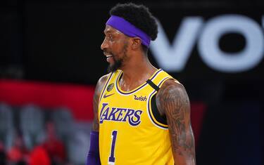 ORLANDO, FL - SEPTEMBER 10: Kentavious Caldwell-Pope #1 of the Los Angeles Lakers smiles during a game against the Houston Rockets during Game Four of the Western Conference Semifinals on September 10, 2020 at the AdventHealth Arena at ESPN Wide World Of Sports Complex in Orlando, Florida. NOTE TO USER: User expressly acknowledges and agrees that, by downloading and/or using this Photograph, user is consenting to the terms and conditions of the Getty Images License Agreement. Mandatory Copyright Notice: Copyright 2020 NBAE (Photo by Jesse D. Garrabrant/NBAE via Getty Images)