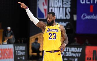 ORLANDO, FL - OCTOBER 6: LeBron James #23 of the Los Angeles Lakers looks on during the game against the Miami Heat during Game Four of the NBA Finals on October 6, 2020 at The AdventHealth Arena at ESPN Wide World Of Sports Complex in Orlando, Florida. NOTE TO USER: User expressly acknowledges and agrees that, by downloading and/or using this Photograph, user is consenting to the terms and conditions of the Getty Images License Agreement. Mandatory Copyright Notice: Copyright 2020 NBAE (Photo by Andrew D. Bernstein/NBAE via Getty Images)