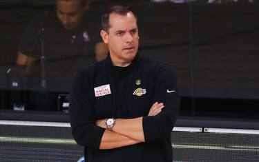 LAKE BUENA VISTA, FLORIDA - OCTOBER 09: Frank Vogel of the Los Angeles Lakers reacts during the second quarter against the Miami Heat in Game Five of the 2020 NBA Finals at AdventHealth Arena at the ESPN Wide World Of Sports Complex on October 9, 2020 in Lake Buena Vista, Florida. NOTE TO USER: User expressly acknowledges and agrees that, by downloading and or using this photograph, User is consenting to the terms and conditions of the Getty Images License Agreement. (Photo by Mike Ehrmann/Getty Images)