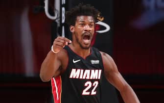 ORLANDO, FL - OCTOBER 4: Jimmy Butler #22 of the Miami Heat reacts during Game Three of the NBA Finals on October 4, 2020 at AdventHealth Arena in Orlando, Florida. NOTE TO USER: User expressly acknowledges and agrees that, by downloading and/or using this Photograph, user is consenting to the terms and conditions of the Getty Images License Agreement. Mandatory Copyright Notice: Copyright 2020 NBAE (Photo by Nathaniel S. Butler/NBAE via Getty Images)