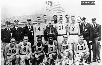 MELBOURNE, VIC - 1956: Members of the 1956 U.S.A. Olympic Basketball Team pose for a portrait in Melbourne, Australia. NOTE TO USER: User expressly acknowledges and agrees that, by downloading and/or using this Photograph, user is consenting to the terms and conditions of the Getty Images License Agreement. Mandatory Copyright Notice: Copyright 1956 NBAE (Photo by NBA Photos/NBAE via Getty Images)