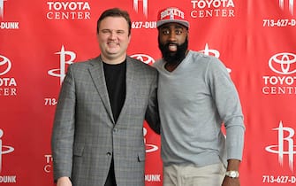 HOUSTON, TX - OCTOBER 29: General Manager Daryl Morey and James Harden of the Houston Rockets poses for a photo as Harden is introduced to the media on October 29, 2012 at Toyota Center in Houston, Texas. NOTE TO USER: User expressly acknowledges and agrees that, by downloading and/or using this photograph, user is consenting to the terms and conditions of the Getty Images License Agreement.  Mandatory Copyright Notice: Copyright 2012 NBAE (Photo by Bill Baptist/NBAE via Getty Images)