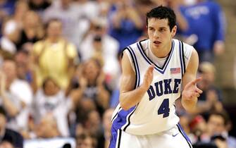 GREENSBORO, NC - MARCH 12:  J.J. Redick #4 of the Duke Blue Devils reacts against the Boston College Eagles during the finals of the Atlantic Coast Conference Men's Basketball Tournament on March 12, 2006 at the Greensboro Coliseum in Greensboro, North Carolina.  (Photo by Streeter Lecka/Getty Images)