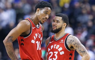 TORONTO, ON - JANUARY 30:  Fred VanVleet #23 and DeMar DeRozan #10 of the Toronto Raptors chat during a play stoppage against the Minnesota Timberwolves in an NBA game at the Air Canada Centre on January 30, 2018 in Toronto, Ontario, Canada. The Raptors defeated the Timberwolves 109-104. NOTE TO USER: user expressly acknowledges and agrees by downloading and/or using this Photograph, user is consenting to the terms and conditions of the Getty Images Licence Agreement. (Photo by Claus Andersen/ Getty Images) *** Local Caption *** Fred VanVleet; DeMar DeRozan