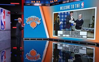 BRISTOL, CT - NOVEMBER 18: NBA Commissioner, Adam Silver reacts to Leandro Bolmaro being drafted twenty third overall pick for the New York Knicks during the 2020 NBA Draft on November 18, 2020 in Bristol, Connecticut at ESPN Headquarters. NOTE TO USER: User expressly acknowledges and agrees that, by downloading and/or using this photograph, user is consenting to the terms and conditions of the Getty Images License Agreement. Mandatory Copyright Notice: Copyright 2020 NBAE (Photo by Nathaniel S. Butler/NBAE via Getty Images)