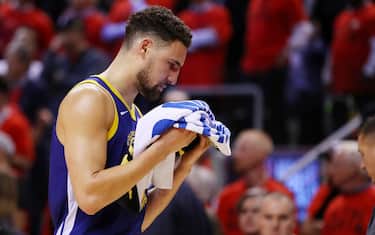 TORONTO, ONTARIO - JUNE 10:  Klay Thompson #11 of the Golden State Warriors reacts against the Toronto Raptors in the second half during Game Five of the 2019 NBA Finals at Scotiabank Arena on June 10, 2019 in Toronto, Canada. NOTE TO USER: User expressly acknowledges and agrees that, by downloading and or using this photograph, User is consenting to the terms and conditions of the Getty Images License Agreement. (Photo by Gregory Shamus/Getty Images)