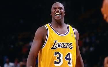 INGLEWOOD, CA - 1997: Shaquille O'Neal #34 of the Los Angeles Lakers smiles  circa 1997 at the Great Western Forum in Inglewood, California. NOTE TO USER: User expressly acknowledges and agrees that, by downloading and or using this photograph, User is consenting to the terms and conditions of the Getty Images License Agreement. Mandatory Copyright Notice: Copyright 1997 NBAE (Photo by Sam Forencich/NBAE via Getty Images)