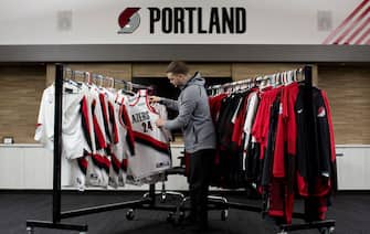 PORTLAND, OR - APRIL 14:  Portland Trail Blazers jersey are placed in the locker room before Game One of Round One of the 2019 NBA Playoffs on April 14, 2019 at the Moda Center Arena in Portland, Oregon. NOTE TO USER: User expressly acknowledges and agrees that, by downloading and or using this photograph, user is consenting to the terms and conditions of the Getty Images License Agreement. Mandatory Copyright Notice: Copyright 2019 NBAE (Photo by Cameron Browne/NBAE via Getty Images)