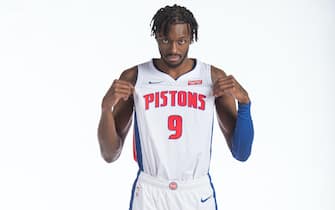 DETROIT, MICHIGAN - DECEMBER 8: 	Jerami Grant #9 of the Detroit Pistons poses for a portrait during the Detroit Pistons Content Day at Pistons Performance Center on December 8th, 2020 in Detroit, Michigan. NOTE TO USER: User expressly acknowledges and agrees that, by downloading and or using this photograph, User is consenting to the terms and conditions of the Getty Images License Agreement. Mandatory Copyright Notice: Copyright 2020 NBAE (Photo by Chris Schwegler/NBAE via Getty Images)
