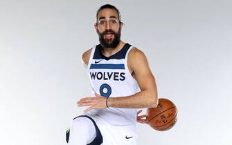 MINNEAPOLIS, MN - DECEMBER 9: Ricky Rubio #9 of the Minnesota Timberwolves poses for a portrait during 2020 NBA Content Day on December 9, 2020 at Target Center in Minneapolis, Minnesota.  NOTE TO USER:  User expressly acknowledges and agrees that, by downloading and or using this Photograph, user is consenting to the terms and conditions of the Getty Images License Agreement. Mandatory Copyright Notice: Copyright 2020 NBAE (Photo by David Sherman/NBAE via Getty Images)