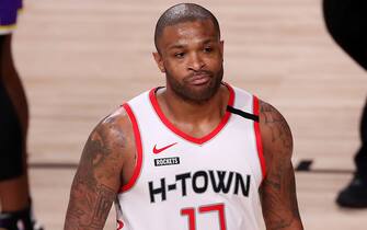 LAKE BUENA VISTA, FLORIDA - SEPTEMBER 04: P.J. Tucker #17 of the Houston Rockets reacts during the fourth quarter against the Los Angeles Lakers in Game One of the Western Conference Second Round during the 2020 NBA Playoffs at AdventHealth Arena at the ESPN Wide World Of Sports Complex on September 04, 2020 in Lake Buena Vista, Florida. NOTE TO USER: User expressly acknowledges and agrees that, by downloading and or using this photograph, User is consenting to the terms and conditions of the Getty Images License Agreement. (Photo by Mike Ehrmann/Getty Images)