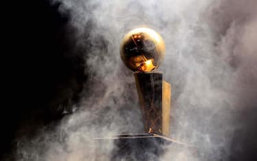 The Larry O'Brien NBA Championship trophy awaits the Heat players in AmericanAirlines Arena. (Allen Eyestone/The Palm Beach Post)