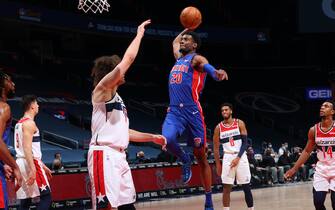 WASHINGTON, DC -  DECEMBER 17:  Josh Jackson #20 of the Detroit Pistons drives to the basket against the Washington Wizards on December 17 2020 at Capital One Arena in Washington, DC. NOTE TO USER: User expressly acknowledges and agrees that, by downloading and or using this Photograph, user is consenting to the terms and conditions of the Getty Images License Agreement. Mandatory Copyright Notice: Copyright 2020 NBAE (Photo by Ned Dishman/NBAE via Getty Images)