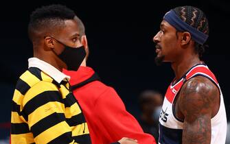 WASHINGTON, DC -  DECEMBER 17:  Russell Westbrook #4 talks with Bradley Beal #3 of the Washington Wizards during the game against the Detroit Pistons on December 17 2020 at Capital One Arena in Washington, DC. NOTE TO USER: User expressly acknowledges and agrees that, by downloading and or using this Photograph, user is consenting to the terms and conditions of the Getty Images License Agreement. Mandatory Copyright Notice: Copyright 2020 NBAE (Photo by Ned Dishman/NBAE via Getty Images)
