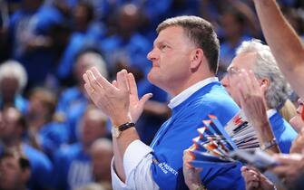 OKLAHOMA CITY, OK - JUNE 12: Oklahoma City Thunder owner Clay Bennett cheers against the Miami Heat during Game One of the 2012 NBA Finals at Chesapeake Energy Arena on June 12, 2012 in Oklahoma City, Oklahoma. NOTE TO USER: User expressly acknowledges and agrees that, by downloading and or using this Photograph, user is consenting to the terms and conditions of the Getty Images License Agreement. Mandatory Copyright Notice: Copyright 2012 NBAE (Photo by Garrett Ellwood/NBAE via Getty Images)