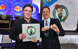 NEW YORK, NY - MAY 16:  Wyc Grousbeck and Stephen Pagliuca of the Boston Celtics pose for a photo after getting the #1 pick during the 2017 NBA Draft Lottery at the New York Hilton in New York, New York. NOTE TO USER: User expressly acknowledges and agrees that, by downloading and or using this Photograph, user is consenting to the terms and conditions of the Getty Images License Agreement.  Mandatory Copyright Notice: Copyright 2017 NBAE (Photo by Jesse D. Garrabrant/NBAE via Getty Images)