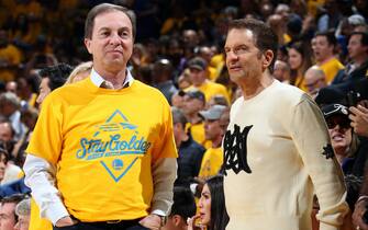 OAKLAND, CA - JUNE 13: Golden State Warriors Owners Joseph Lacob and Peter Guber attend Game Six of the 2019 NBA Finals between the Golden State Warriors and Toronto Raptors on June 13, 2019 at ORACLE Arena in Oakland, California. NOTE TO USER: User expressly acknowledges and agrees that, by downloading and/or using this photograph, user is consenting to the terms and conditions of Getty Images License Agreement. Mandatory Copyright Notice: Copyright 2019 NBAE (Photo by Nathaniel S. Butler/NBAE via Getty Images)
