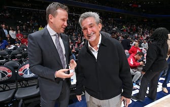 WASHINGTON, DC -  FEBRUARY 21: Scott Brooks of the Washington Wizards talks with Wizards Owner Ted Leonsis on February 21, 2020 at Capital One Arena in Washington, DC. NOTE TO USER: User expressly acknowledges and agrees that, by downloading and or using this Photograph, user is consenting to the terms and conditions of the Getty Images License Agreement. Mandatory Copyright Notice: Copyright 2020 NBAE (Photo by Ned Dishman/NBAE via Getty Images)