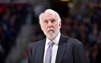 CLEVELAND, OH - FEBRUARY 25:  Head Coach Gregg Popovich of the San Antonio Spurs looks on during the game against the Cleveland Cavaliers on February 25, 2018 at Quicken Loans Arena in Cleveland, Ohio. NOTE TO USER: User expressly acknowledges and agrees that, by downloading and/or using this Photograph, user is consenting to the terms and conditions of the Getty Images License Agreement. Mandatory Copyright Notice: Copyright 2018 NBAE  (Photo by David Liam Kyle/NBAE via Getty Images)