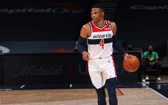 WASHINGTON, DC -  DECEMBER 19:  Russell Westbrook #4 of the Washington Wizards dribbles the ball during a preseason game against the Detroit Pistons on December 19, 2020 at Capital One Arena in Washington, DC. NOTE TO USER: User expressly acknowledges and agrees that, by downloading and or using this Photograph, user is consenting to the terms and conditions of the Getty Images License Agreement. Mandatory Copyright Notice: Copyright 2020 NBAE (Photo by Ned Dishman/NBAE via Getty Images)
