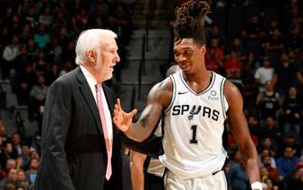 SAN ANTONIO, TX - DECEMBER 3: Head Coach Gregg Popovich and Lonnie Walker IV #1 of the San Antonio Spurs smile during a game against the Houston Rockets on December 3, 2019 at the AT&T Center in San Antonio, Texas. NOTE TO USER: User expressly acknowledges and agrees that, by downloading and or using this photograph, user is consenting to the terms and conditions of the Getty Images License Agreement. Mandatory Copyright Notice: Copyright 2019 NBAE (Photos by Logan Riely/NBAE via Getty Images)