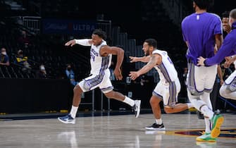 DENVER, CO - DECEMBER 23: Buddy Hield #24 of the Sacramento Kings reacts after making the game winning shot against the Denver Nuggets on December 23, 2020 at the Pepsi Center in Denver, Colorado. NOTE TO USER: User expressly acknowledges and agrees that, by downloading and/or using this Photograph, user is consenting to the terms and conditions of the Getty Images License Agreement. Mandatory Copyright Notice: Copyright 2020 NBAE (Photo by Bart Young/NBAE via Getty Images)