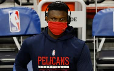 MIAMI, FLORIDA - DECEMBER 25: Zion Williamson #1 of the New Orleans Pelicans looks on prior to the game against the Miami Heat at American Airlines Arena on December 25, 2020 in Miami, Florida. NOTE TO USER: User expressly acknowledges and agrees that, by downloading and or using this photograph, User is consenting to the terms and conditions of the Getty Images License Agreement. (Photo by Michael Reaves/Getty Images)