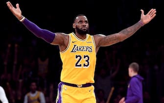LOS ANGELES, CA - NOVEMBER 29:  LeBron James #23 of the Los Angeles Lakers celebrates his three pointer during a 104-96 win over the Indiana Pacers at Staples Center on November 29, 2018 in Los Angeles, California.  NOTE TO USER: User expressly acknowledges and agrees that, by downloading and or using this photograph, User is consenting to the terms and conditions of the Getty Images License Agreement.  (Photo by Harry How/Getty Images)