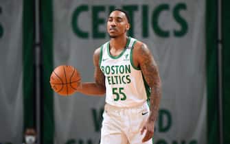 BOSTON, MA - DECEMBER 25: Jeff Teague #55 of the Boston Celtics handles the ball against the Brooklyn Nets during a game on December 25, 2020 at the TD Garden in Boston, Massachusetts.  NOTE TO USER: User expressly acknowledges and agrees that, by downloading and or using this photograph, User is consenting to the terms and conditions of the Getty Images License Agreement. Mandatory Copyright Notice: Copyright 2020 NBAE  (Photo by Brian Babineau/NBAE via Getty Images)