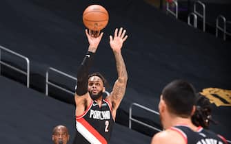 LOS ANGELES, CA - DECEMBER 28: Gary Trent Jr. #2 of the Portland Trail Blazers shoots the ball during the game against the Los Angeles Lakers on December 28, 2020 at STAPLES Center in Los Angeles, California. NOTE TO USER: User expressly acknowledges and agrees that, by downloading and/or using this Photograph, user is consenting to the terms and conditions of the Getty Images License Agreement. Mandatory Copyright Notice: Copyright 2020 NBAE (Photo by Adam Pantozzi/NBAE via Getty Images)
