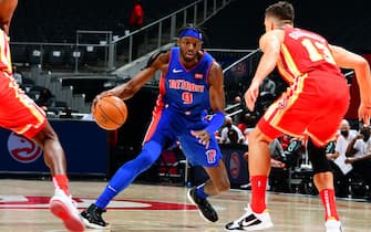 ATLANTA, GA - DECEMBER 28: Jerami Grant #9 of the Detroit Pistons handles the ball against the Atlanta Hawks  on December 28, 2020 at State Farm Arena in Atlanta, Georgia.  NOTE TO USER: User expressly acknowledges and agrees that, by downloading and/or using this Photograph, user is consenting to the terms and conditions of the Getty Images License Agreement. Mandatory Copyright Notice: Copyright 2020 NBAE (Photo by Scott Cunningham/NBAE via Getty Images)