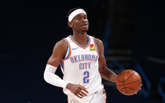 OKLAHOMA CITY, OK - DECEMBER 28: Shai Gilgeous-Alexander #2 of the Oklahoma City Thunder dribbles the ball during the game against the Utah Jazz on December 28, 2020 at Chesapeake Energy Arena in Oklahoma City, Oklahoma. NOTE TO USER: User expressly acknowledges and agrees that, by downloading and or using this photograph, User is consenting to the terms and conditions of the Getty Images License Agreement. Mandatory Copyright Notice: Copyright 2020 NBAE (Photo by Zach Beeker/NBAE via Getty Images)