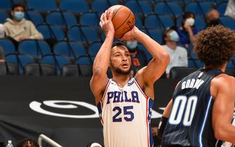 ORLANDO, FL - DECEMBER 31: Ben Simmons #25 of the Philadelphia 76ers shoots a three point basket during the game against the Orlando Magic on December 31, 2020 at Amway Center in Orlando, Florida. NOTE TO USER: User expressly acknowledges and agrees that, by downloading and or using this photograph, User is consenting to the terms and conditions of the Getty Images License Agreement. Mandatory Copyright Notice: Copyright 2020 NBAE (Photo by Gary Bassing/NBAE via Getty Images)