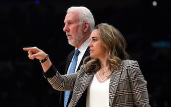 LOS ANGELES, CA - FEBRUARY 04:  Assistant coach Becky Hammon of the San Antonio Spurs directs players as head coach Gregg Popovich looks on during the game against Los Angeles Lakers at Staples Center on February 4, 2020 in Los Angeles, California. NOTE TO USER: User expressly acknowledges and agrees that, by downloading and/or using this Photograph, user is consenting to the terms and conditions of the Getty Images License Agreement. (Photo by Kevork Djansezian/Getty Images)