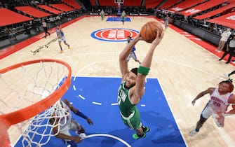 DETROIT, MI - JANUARY 1: Jayson Tatum #0 of the Boston Celtics dunks the ball during the game against the Detroit Pistons on January 1, 2021 at Little Caesars Arena in Detroit, Michigan. NOTE TO USER: User expressly acknowledges and agrees that, by downloading and/or using this photograph, User is consenting to the terms and conditions of the Getty Images License Agreement. Mandatory Copyright Notice: Copyright 2021 NBAE (Photo by Chris Schwegler/NBAE via Getty Images)