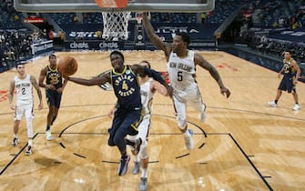 NEW ORLEANS, LA - JANUARY 4: Victor Oladipo #4 of the Indiana Pacers shoots the ball during the game against the New Orleans Pelicans on January 4, 2021 at the Smoothie King Center in New Orleans, Louisiana. NOTE TO USER: User expressly acknowledges and agrees that, by downloading and or using this Photograph, user is consenting to the terms and conditions of the Getty Images License Agreement. Mandatory Copyright Notice: Copyright 2021 NBAE (Photo by Layne Murdoch Jr./NBAE via Getty Images)